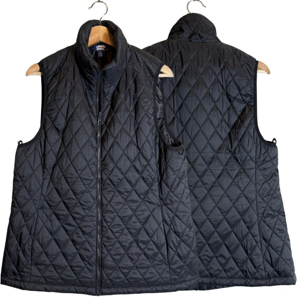Lands' End Quilted Puffer Vest Women's Large Black Insulated Outdoor Packable
